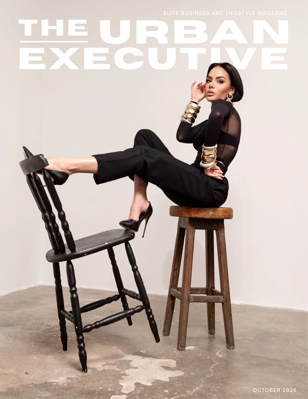 Lívia Gueissaz on the cover of the urban executive magazine wearing black body suit by Mugler and jewelry by David Yurman and schiaparelli