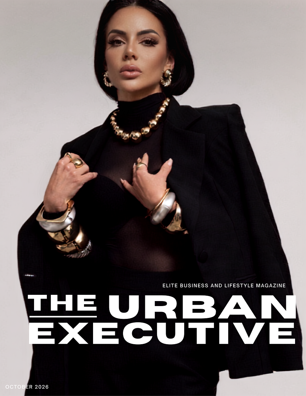 Lívia Gueissaz on the cover of the urban executive magazine wearing black body suit by Mugler and jewelry by David Yurman