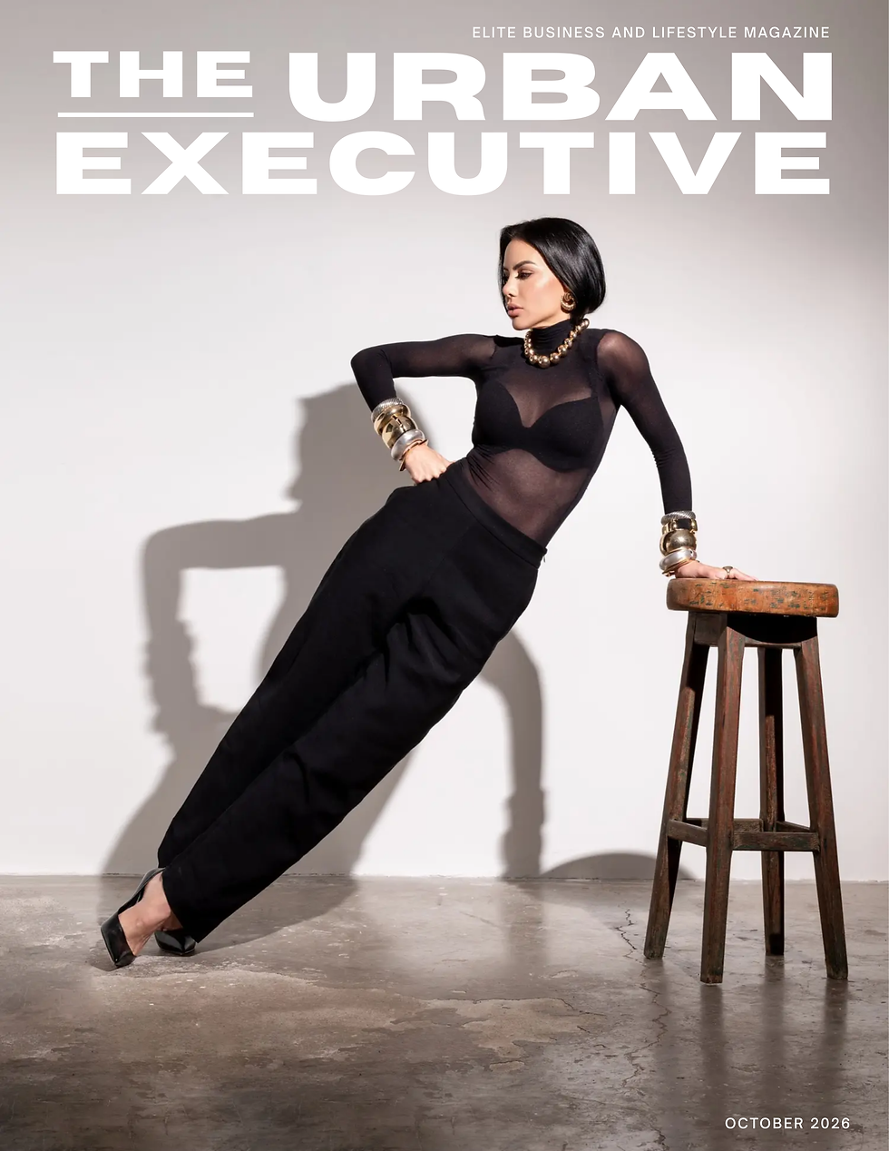 Lívia Gueissaz on the cover of the urban executive magazine wearing black body suit by Mugler and jewelry by David Yurman and schiaparelli