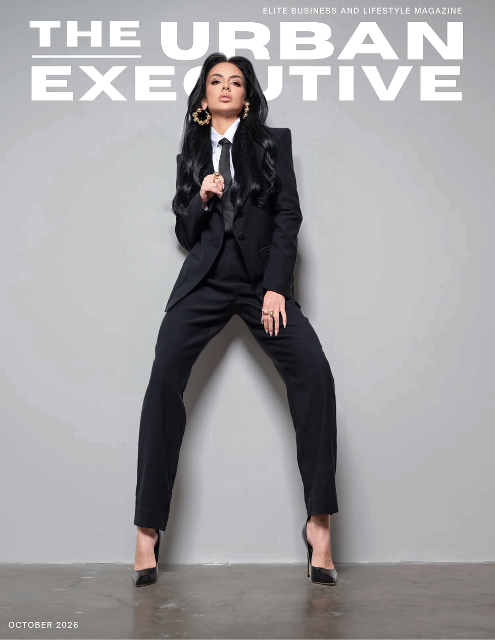Lívia Gueissaz on the cover of the urban executive magazine wearing blazer by saint laurent
