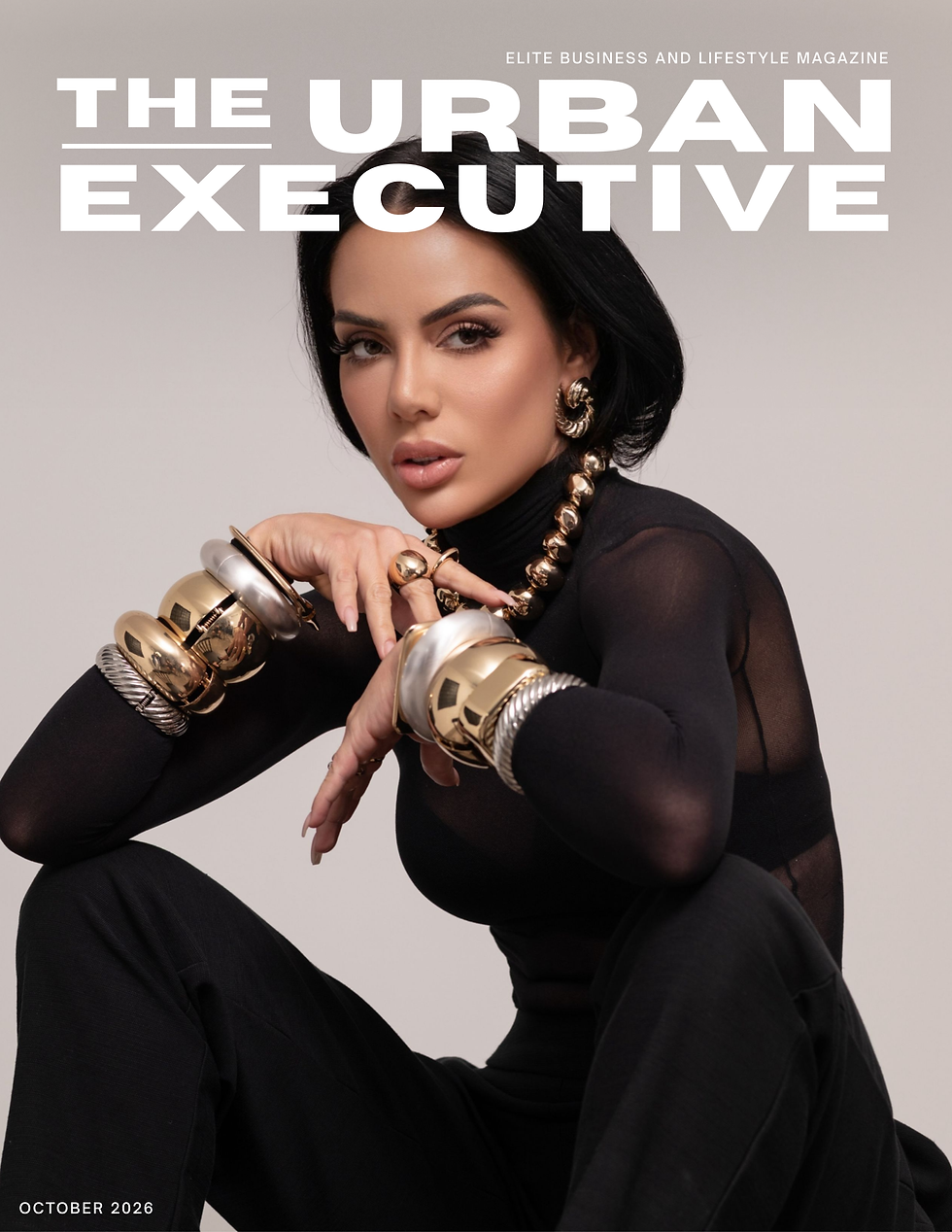 Lívia Gueissaz on the cover of the urban executive magazine wearing black body suit by Mugler and jewelry by David Yurman and schiaparelli