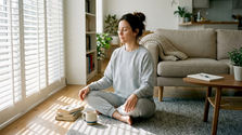 Person practicing mindfulness at home in morning