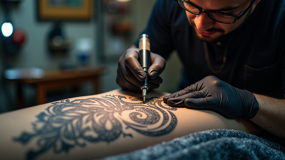 Close-up view of a tattoo artist working on a unique design