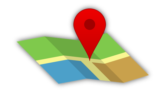 Graphic icon showing a map with a red market icon on a street