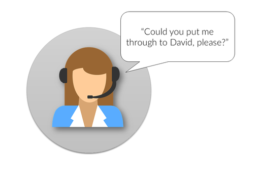 Icon of a female telemarketer asking to be put in contact with a decision-maker