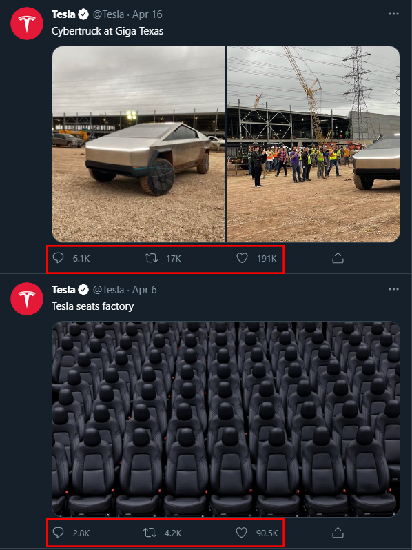 Annotated screenshot of two Tweets posted by Tesla, one of their Cybertruck at their gigafactory in Texas, the other showing a photo of the Tesla seats factory