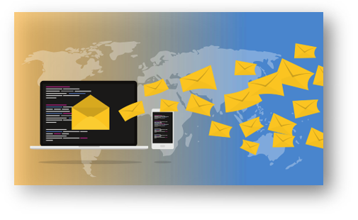 Laptop and mobile phone displaying an email mailbox with messages flying from the screen