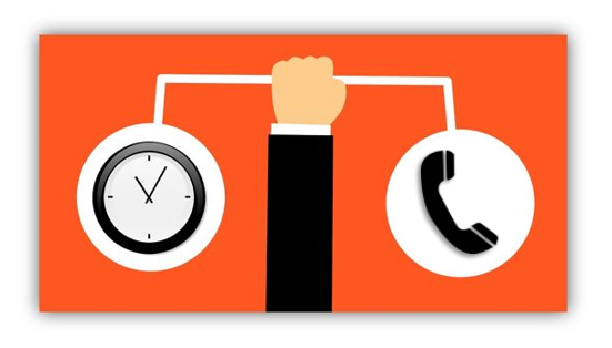 Graphic of a balanced scale holding a clock and a telephone