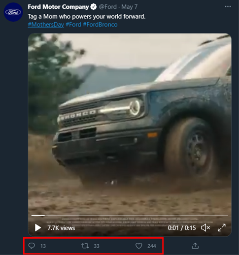 Annotated screenshot of a Twitter post made by Ford on Mother's Day with a video of the Ford Bronco off-roading
