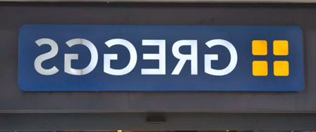 The flipped sign on the Greggs store on Northumberland Street in Newcastle-Upon-Tyne.
