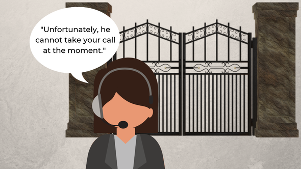 Woman on the phone in front a large gate talking to a telemarketer