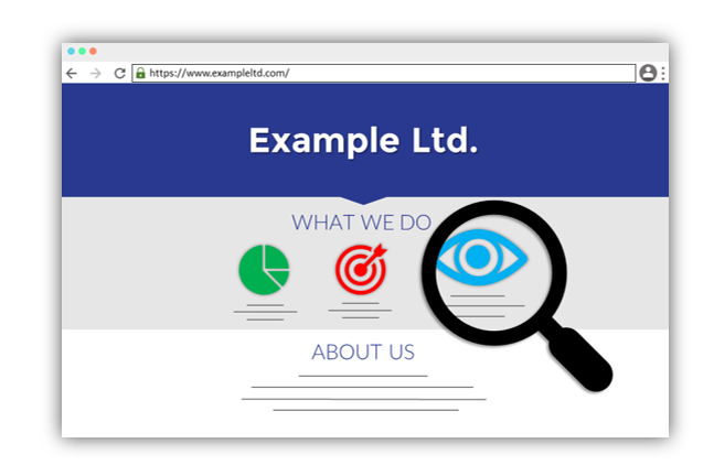 A magnifying glass inspecting the information on a company's website