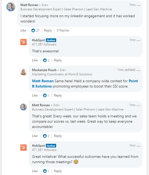 Comments from the HubSpot LinkedIn post with conversations taking place and HubSpot joining in