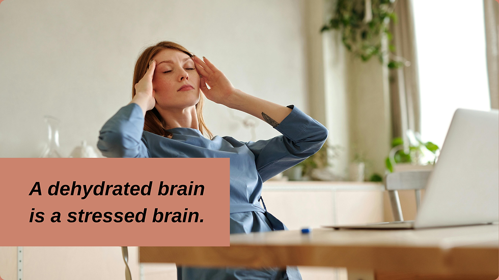 Woman in blue shirt sits at desk, massaging temples with closed eyes. Text reads "A dehydrated brain is a stressed brain."
