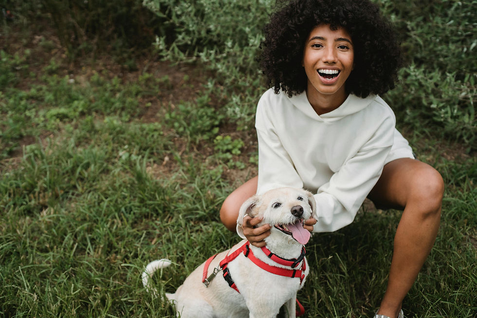 Woman smiling, crouching next to a happy white dog in a red harness on green grass. Bushy background, wearing a white hoodie. Joyful mood.
