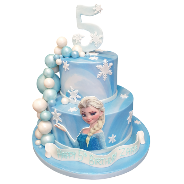 A beautifully designed Frozen Elsa themed cake with intricate details and vibrant colors, perfect for a magical celebration.