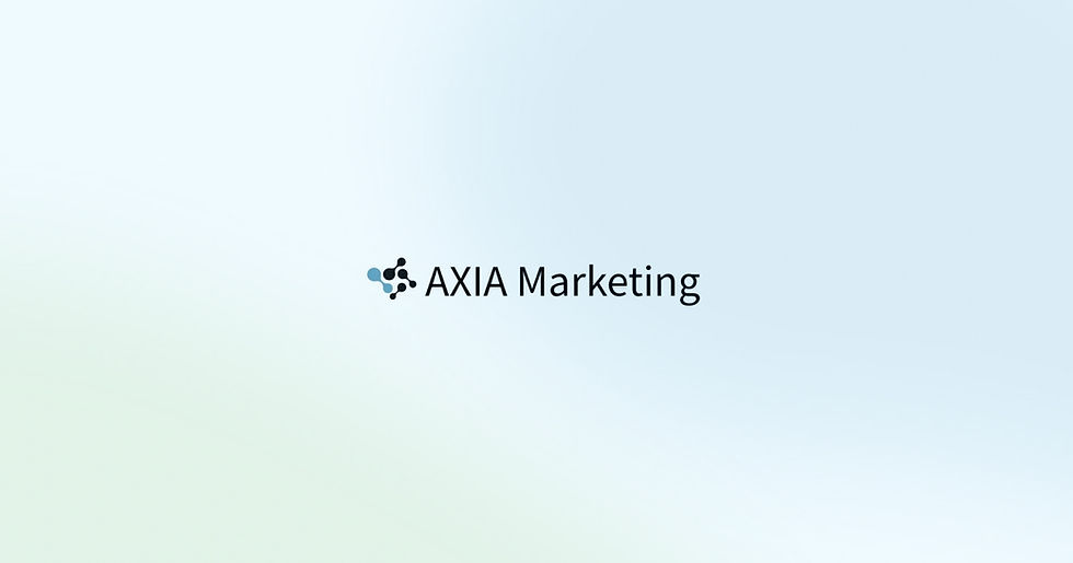 淡い青と緑のグラデーション背景に、AXIA Marketingのロゴと文字が中央に配置されている画像。左側には分子構造のような抽象的なアイコンが描かれている。