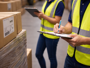 倉庫内で、反射材付きの黄色い安全ベストを着た2人の作業員が、クリップボードとタブレットを使って在庫確認や検品作業を行っている様子。