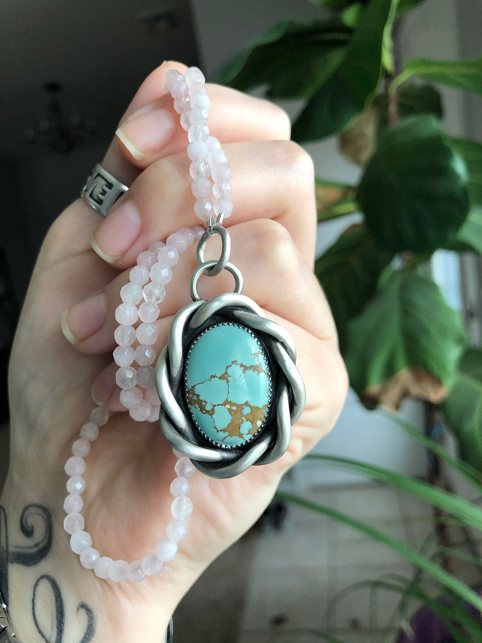 Thumbnail: Thick Braid Hubei & Faceted Rose Quartz