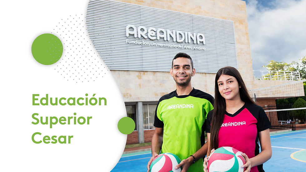 Dos estudiantes con balones de voleibol en cancha; edificio AREANDINA al fondo y texto Educación Superior Cesar.