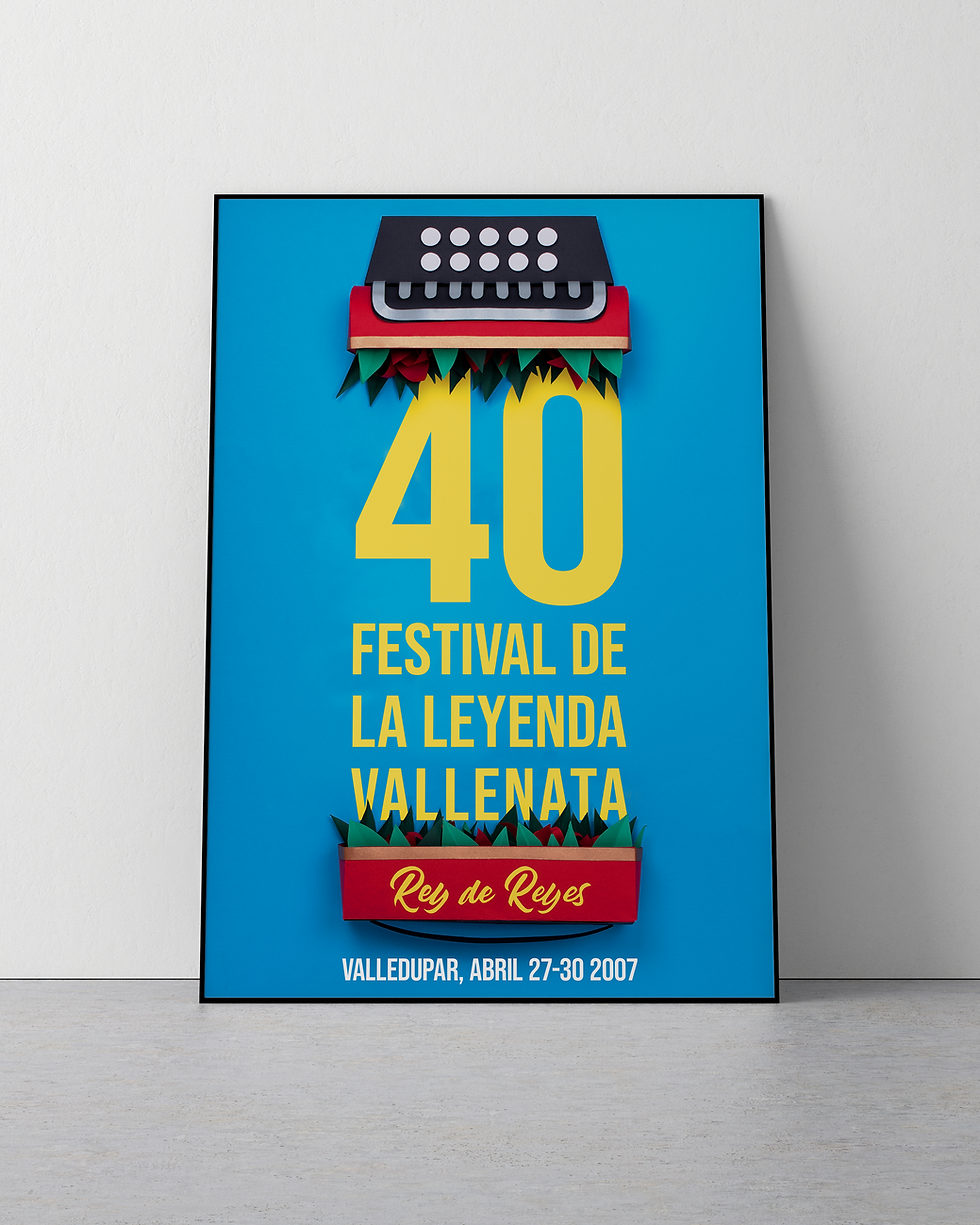 Cartel azul del 40 Festival de la Leyenda Vallenata, Rey de Reyes, con acordeón y fecha en Valledupar.