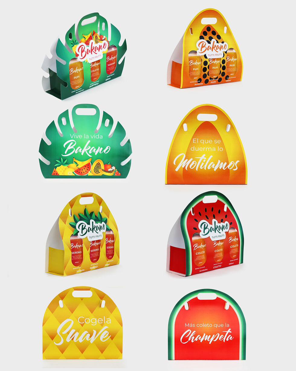 Montaje de bolsas porta-bebidas Bakano, coloridas y con frutas, en verde, amarillo y rojo; incluyen lemas en español.