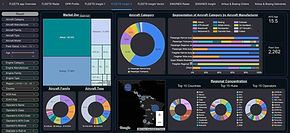 FLEETS Insight 2 dashboard displaying market share by aircraft category, manufacturer, and type, alongside aircraft category segmentation, regional concentrations.