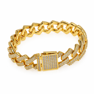 Gold stainless steel Cuban link bracelet with CZ stones and box clasp
