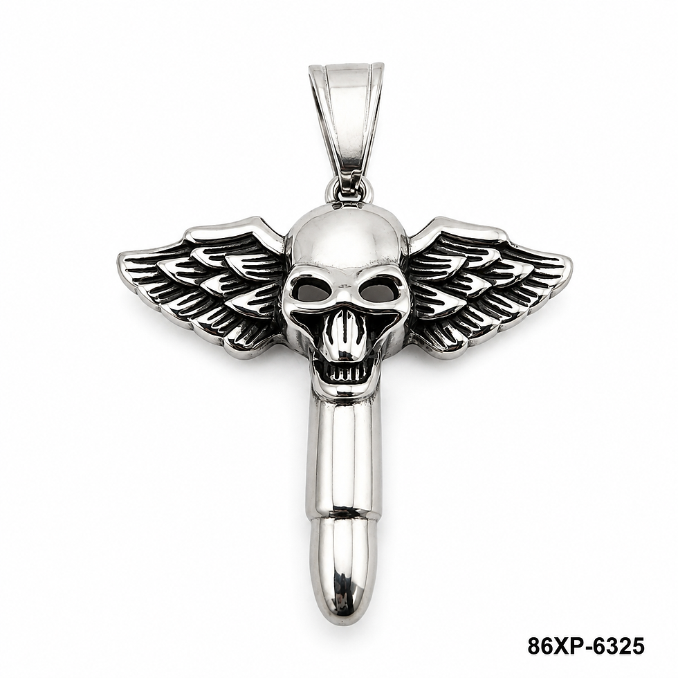 Stainless Steel Winged Skull Pendant with Bullet Design