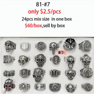 24PCS Men’s Stainless Steel Biker Rings Set – Skull, Cross, Anchor, Compass, and MC Designs in Silver Display Box
