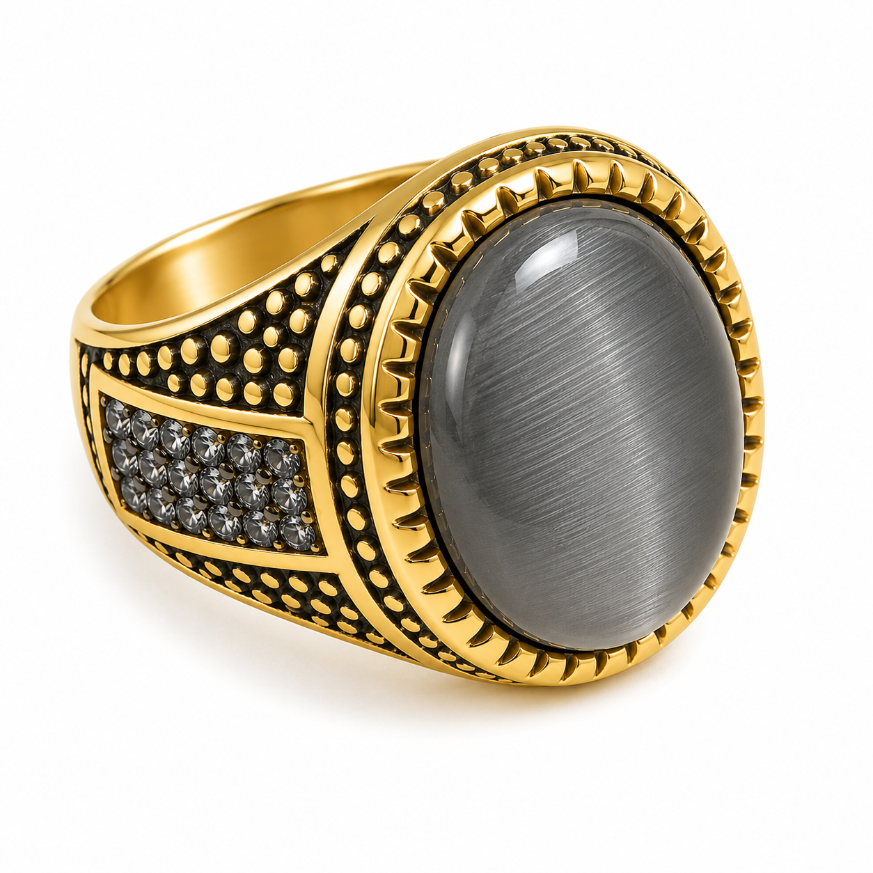 Men’s Gold Stainless Steel Gray Oval Stone Ring 81-5111G-BLK