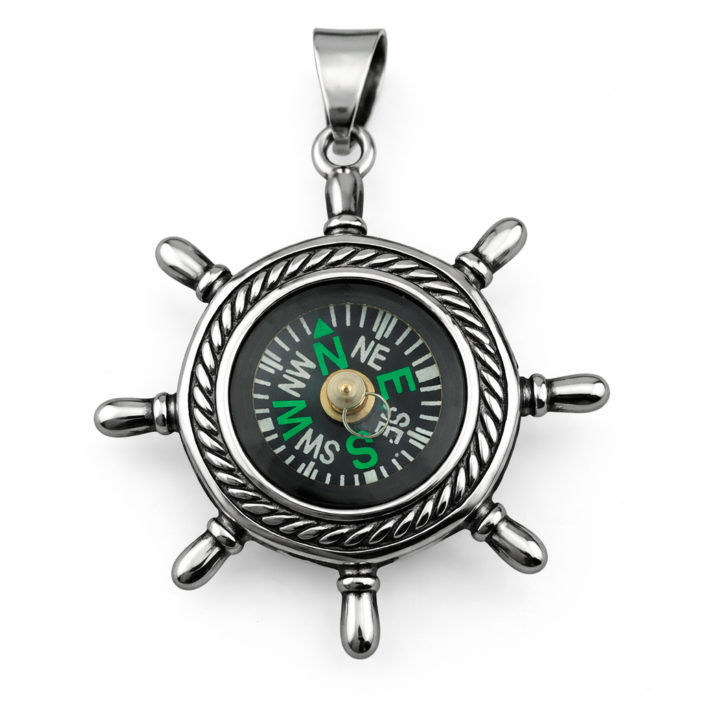 Stainless Steel Nautical Compass Pendant-Ship Wheel Design 66-6032S