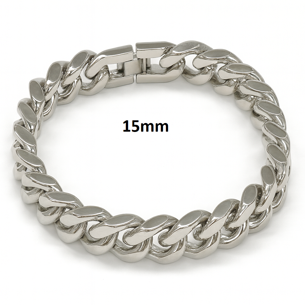 15mm Cuban Link with Watch Clasp Stainless Steel Bracelet 84-2077-15
