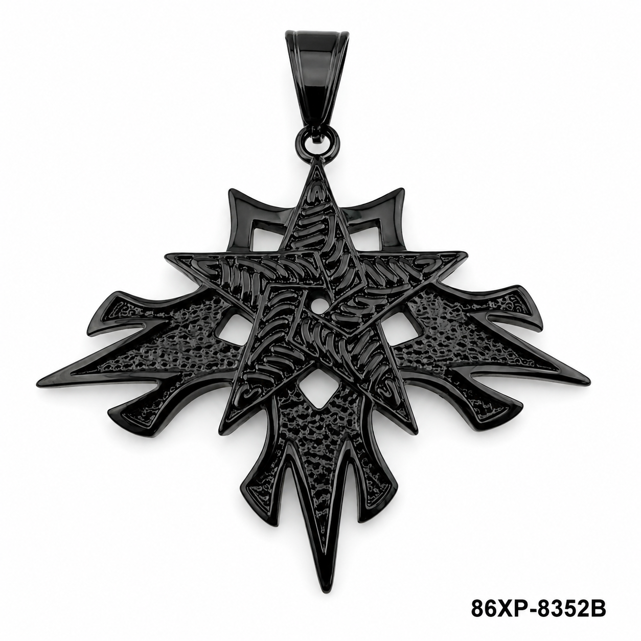 Black Stainless Steel Pentagram Raven Cross Pendant with Celtic Design