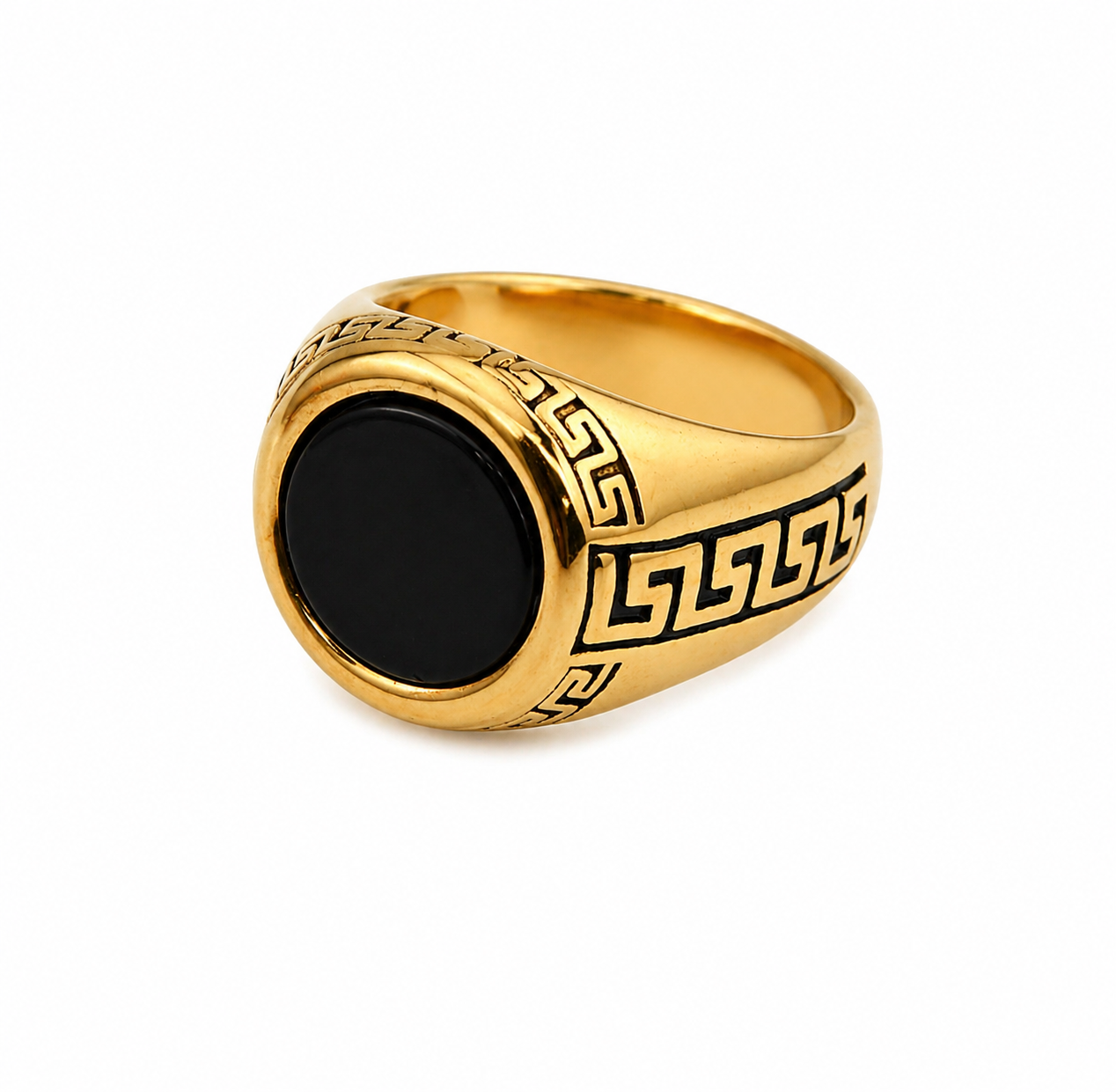 Black Onyx with Greek Key Design Gold Plated Stainless Steel Ring 81-5032G