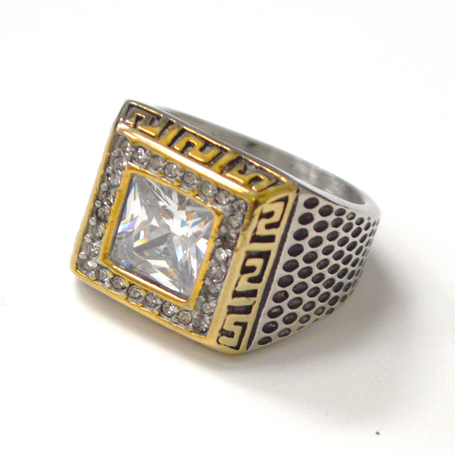 Men's Greek Key Solitaire 2 Tone Gold Ring 81-1815