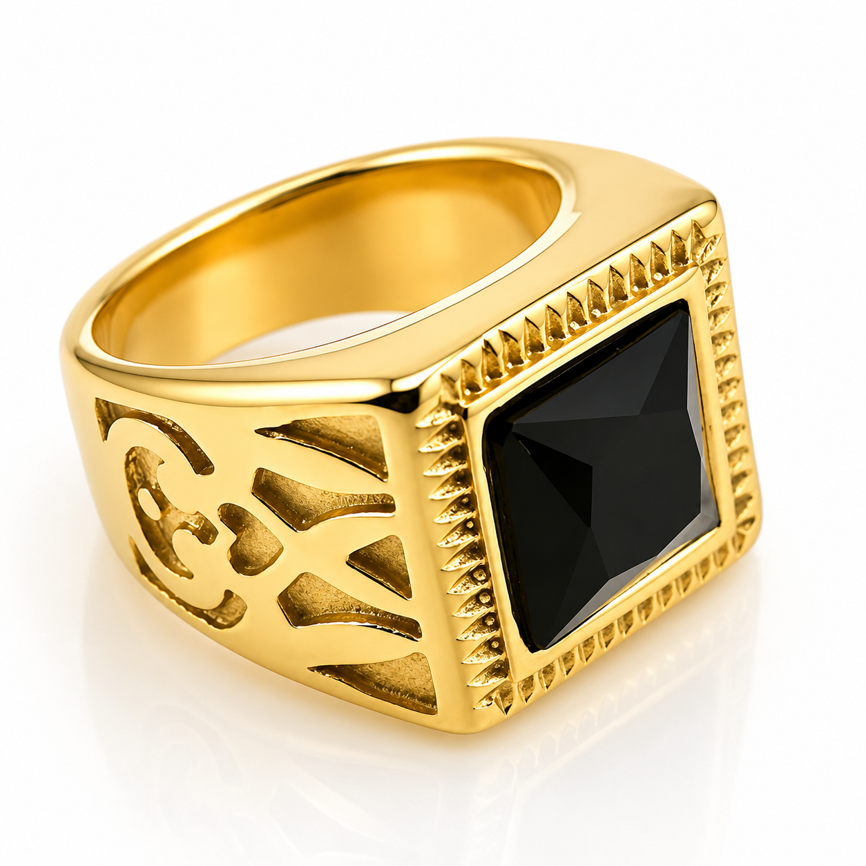 Stainless Steel Black Square Stone Ring with Skull Side Design 81-5092G