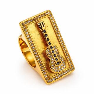 Gold stainless steel guitar ring with CZ stones