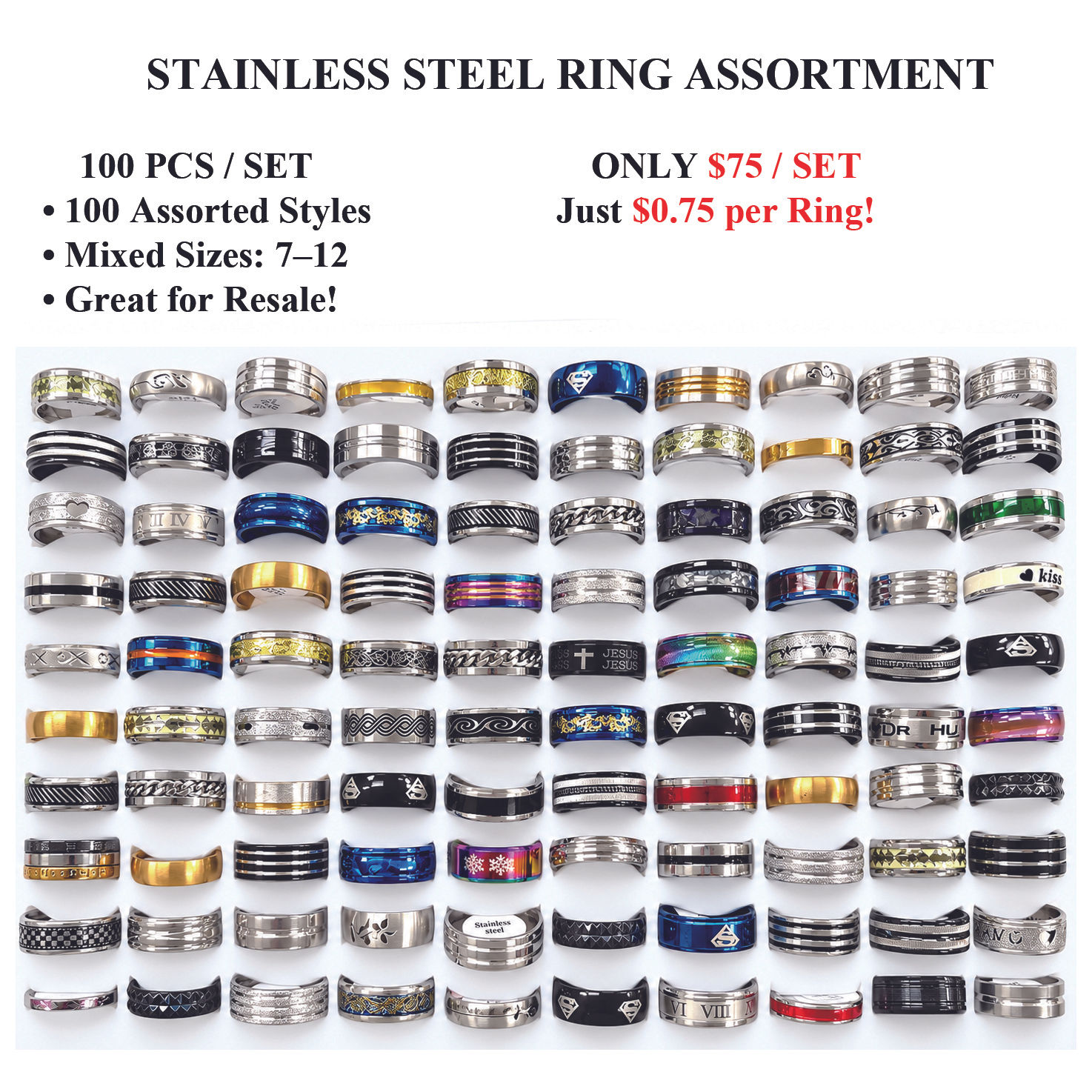 100 PCS Stainless Steel Ring Assortment | Mixed Men's Band Rings 81-ringset-8