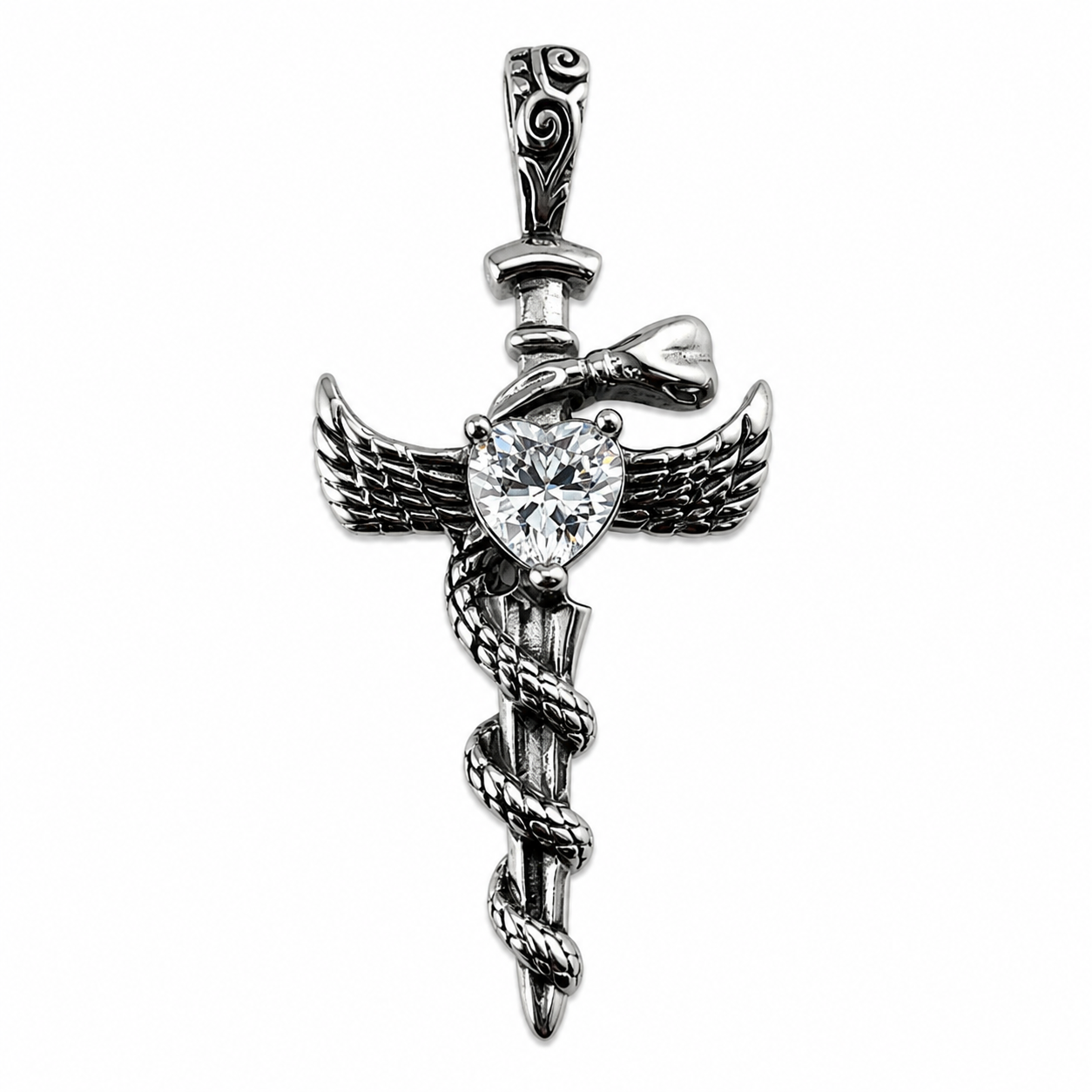Stainless Steel Winged Sword Pendant with Snake and Heart Crystal