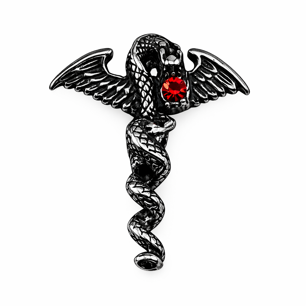 Stainless Steel Winged Snake Pendant with Red Stone 86-6184S