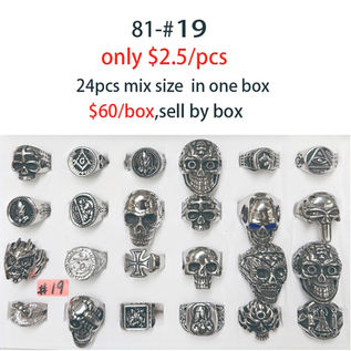 24PCS Men’s Stainless Steel Biker Rings Set – Skull, Cross, Anchor, Compass, and MC Designs in Silver Display Box