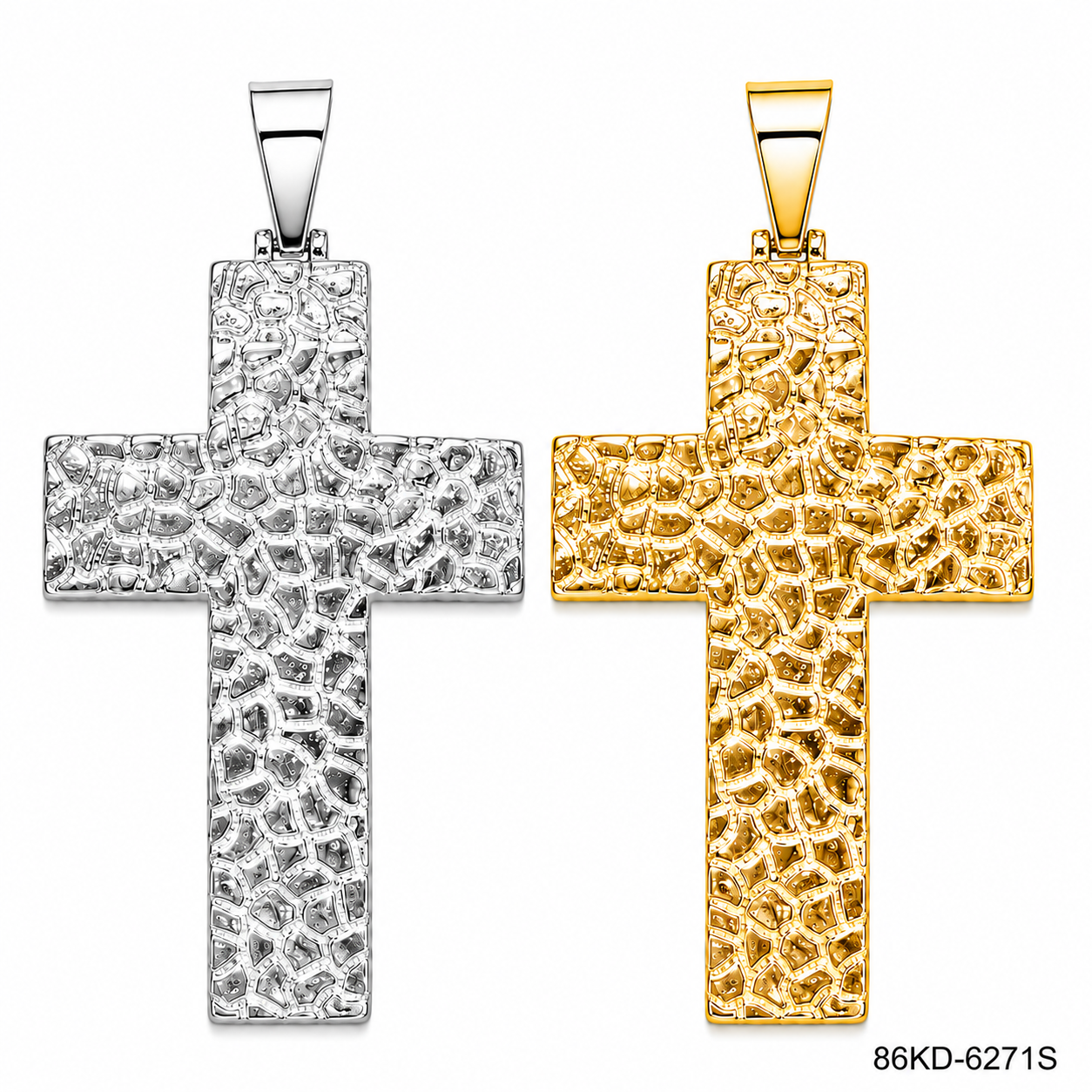 Stainless Steel Nugget Cross Pendant in Silver and 18K Gold