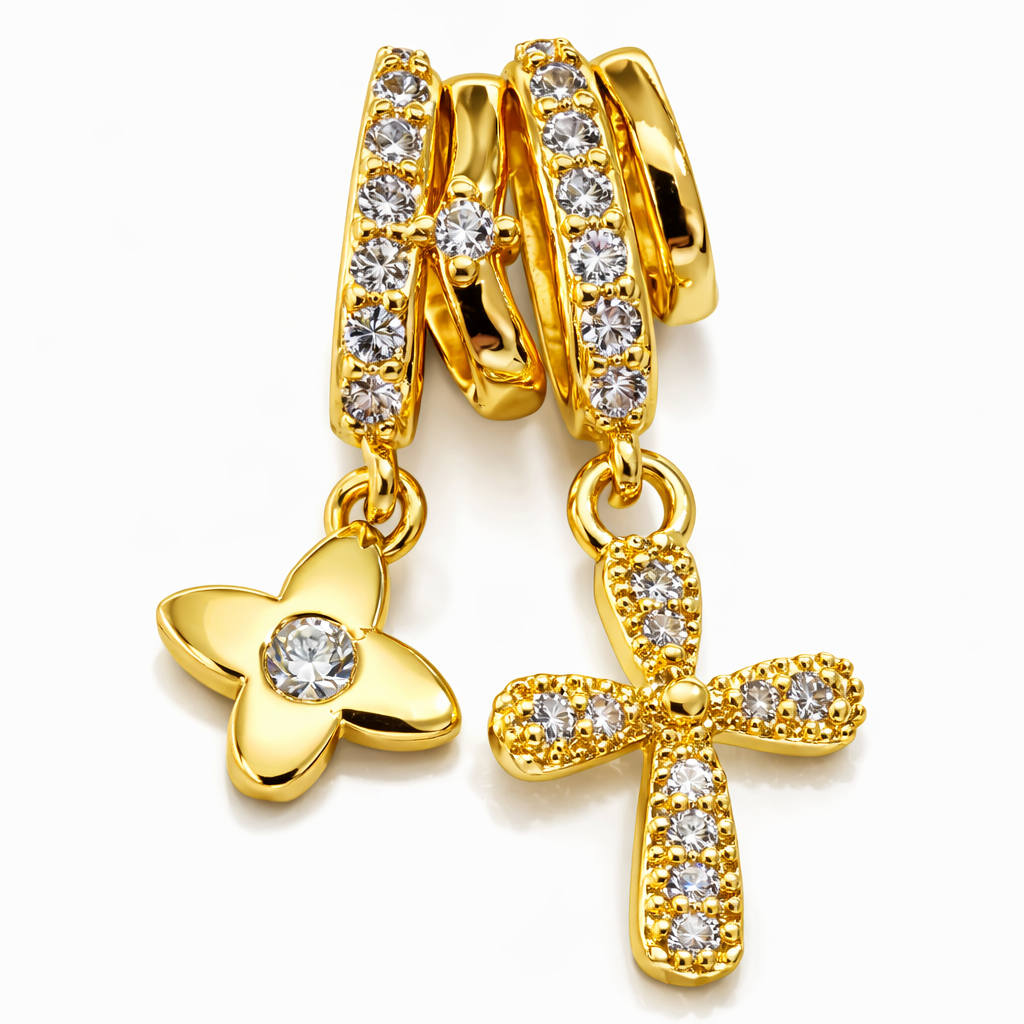 Gold Plated CZ Ear Cuff with Cross & Flower Laminated Pendant 36-3115G