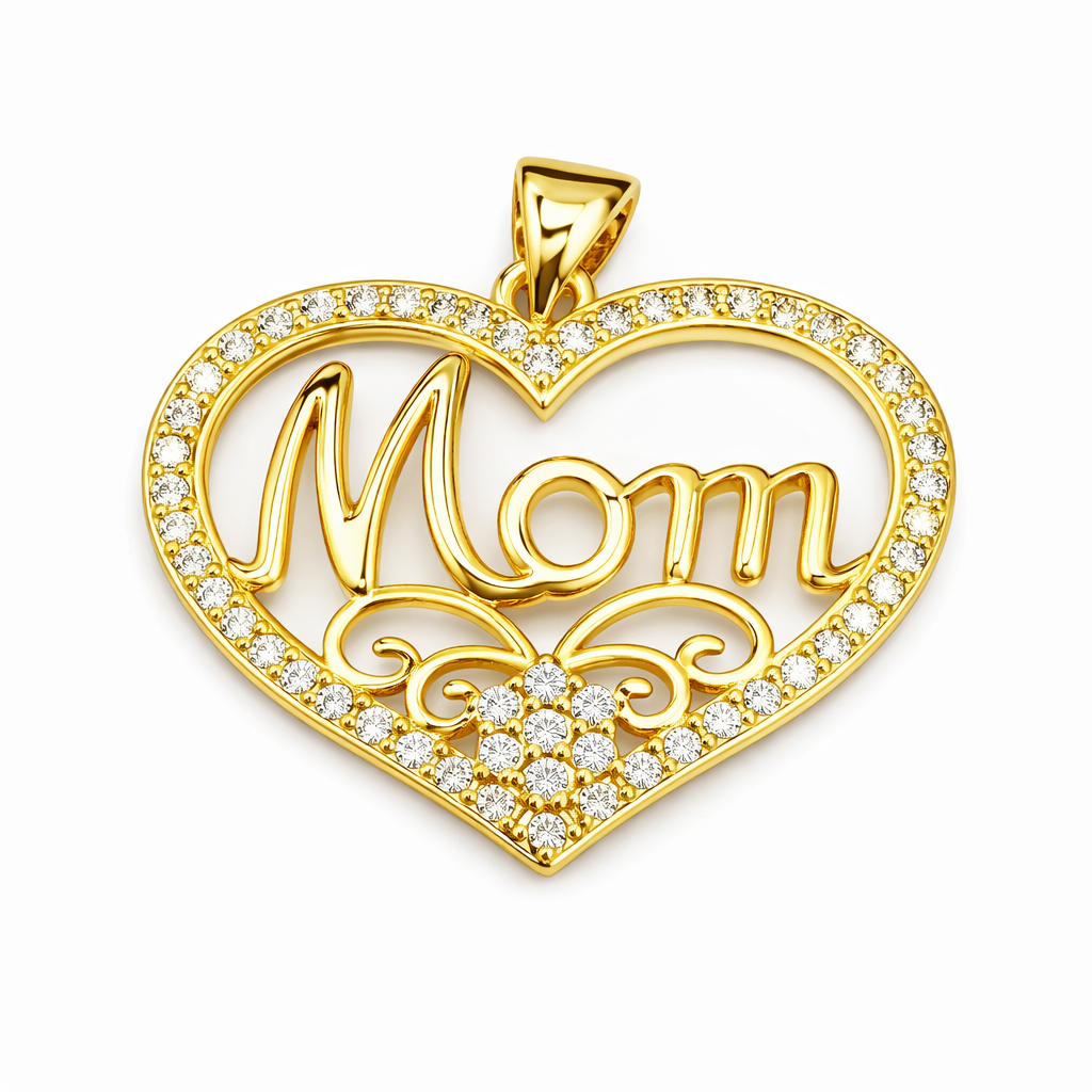 Gold CZ Heart “Mom” Laminated Pendant — Mother Jewelry Gift 36ME-3041G