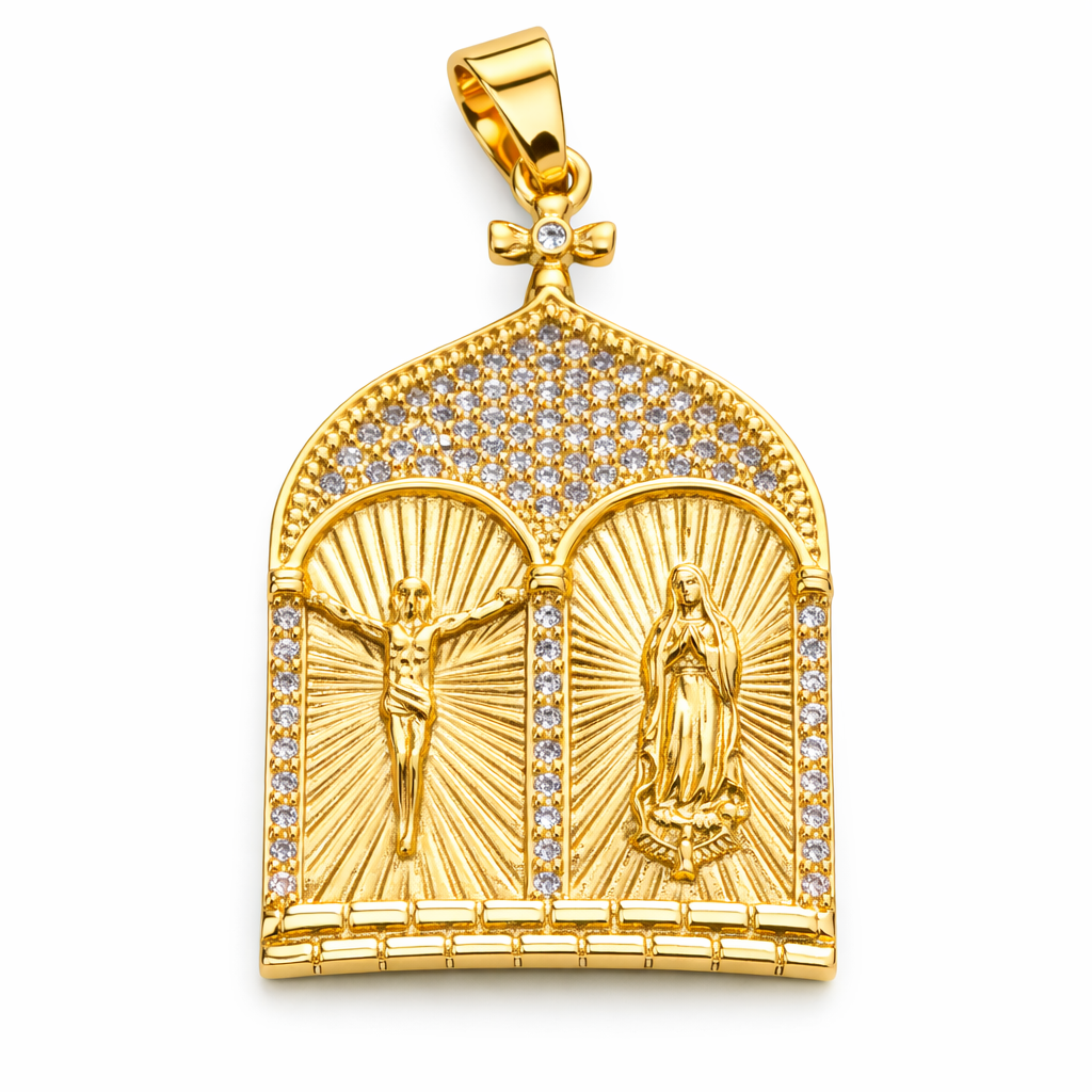 Gold Dual Panel Religious Pendant — Crucifix & Virgin Mary 36-3035G