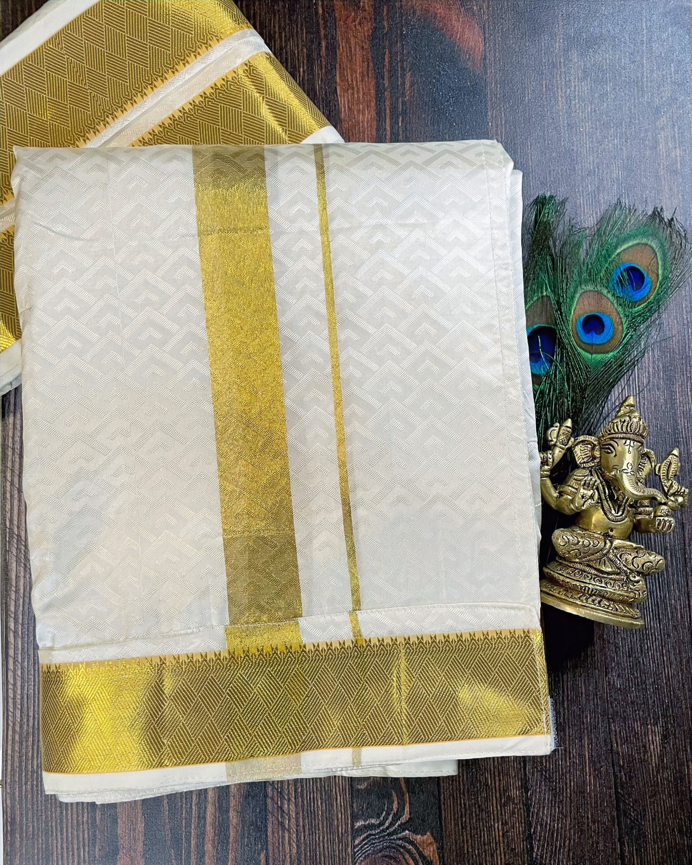 Premium Art Silk - Geometric Elegance with Gilded Harlequin Border