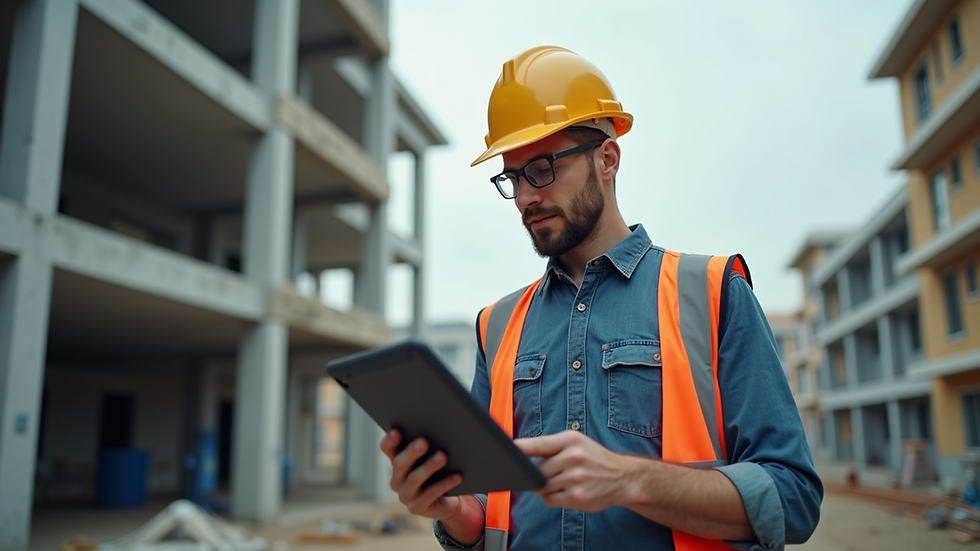 Eye-level view of a construction worker using a tablet on-site