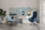 Modern workplace with white desk and blue office chairs