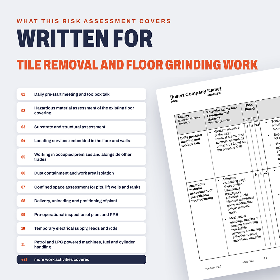 Work activities covered in the Tile Removal and Floor Grinding Risk Assessment/JSA